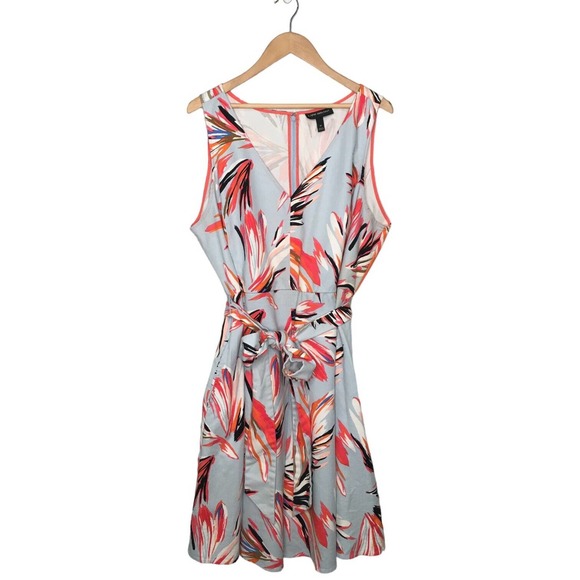 Lane Bryant Tropical V Neck Brush Stroke Sleeveless Belted Dress Light Blue 24 - Picture 2 of 13